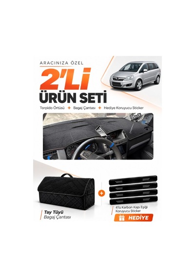 E-biz Opel Zafira B 2004-2011 Uyumlu Torpido Örtüsü + Tay Tüyü Bagaj Çantası Seti - Siyah - Op018