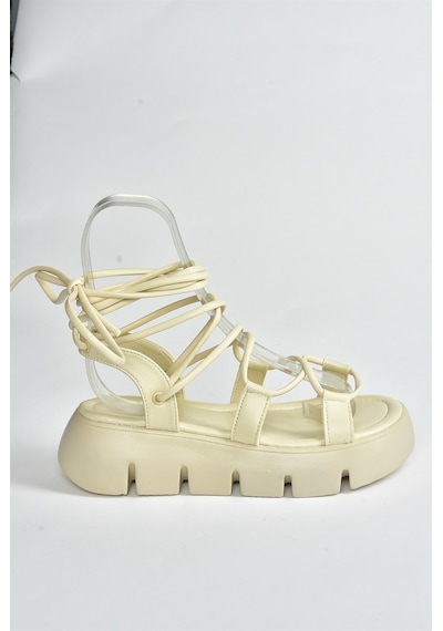 Fox Shoes Bej Kalın Tabanlı Bilekten Bağlamalı Kadın Sandalet M267083009 Bej