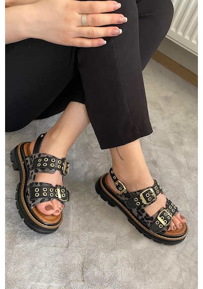 Preshley Kadın Mendez Siyah Leopar Çift Bantlı Kabsül Ve Vardola Deyatlı Kalın Taban Ortopedik Sandalet K-120 Preshley Kadın Mendez Siyah Leopar Çift Bantlı Kabsül Ve Vardola Deyatlı Kalın Taban Ortopedik Sandalet K-120