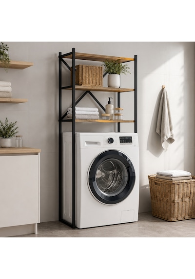 Braga Metal 3 Çamaşır Makinesi Üstü Düzenleyici Raf Beyaz Banyo Düzenleyici Dolap Siyah - Çam
