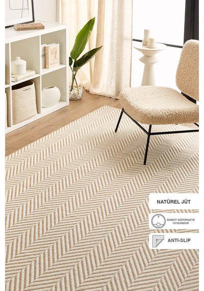 Ocean Home Textile Ekru Renk Balıksırtı Jüt Halı Kilim 120 X 180 Cm