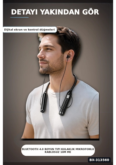 Bay Bluetooth V4.0 Boyun Tipi Kulaklık 10 Mt Menzilli Mikrofonlu Dijital Ekranli Kulak Ici Bx-313560 Najmaddin