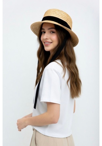 Mollycrush Kadın Bağlamalı Hasır Boater Şapka Siyah Kurdele Detaylı Vintage Gondolcu Yazlık Stil Hasır