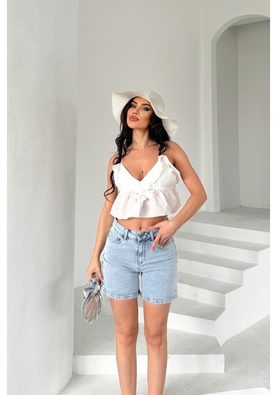 HLT Jeans Kadın Açık Mavi Kar Efektli Mom Fit Yüksek Bel Likralı Jean Kot Şort Lily-mavikar