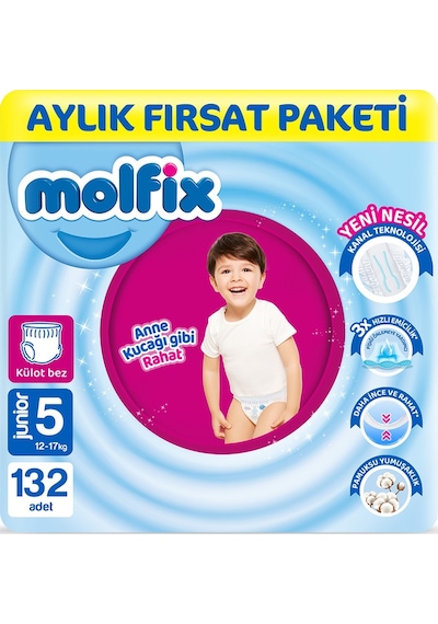 Molfix Pants Bebek Bezi 5 Beden Junior Aylık Fırsat Paketi 132 Adet 3'lü