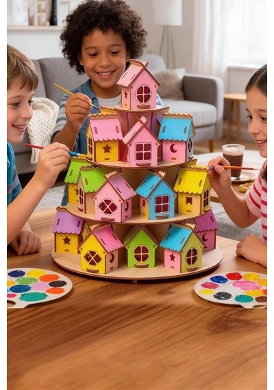 24 Parça Boyanabilir Mini Ahşap Ev Seti Eğitici Etkinlik Ve Dekor Oyunu Maket Ev Genel