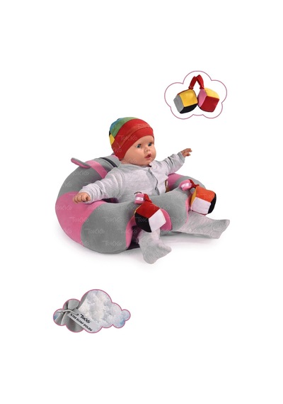 Oyuncaklı Bebek Oturma Destek Minderi - Devrilmez Bebek Koltuğu - Büyük Bebek Oturağı Gri Pembe