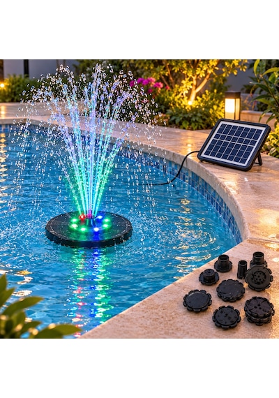 Güneş Enerjili Rgb Led Işıklı Havuz Fıskiyesi - Solar Panelli Yüzer Fıskiye Çoklu Püskürtme Başlıklı Gölet Süs Fıskiyesi & Kuş Banyosu