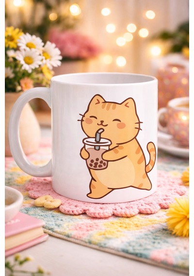 Sevimli Kedi Bubble Tea Tasarımlı Porselen Kupa Model 192 Boba Çayı İçen Kedi Kahve Kupası Kedi Severlere Diğer