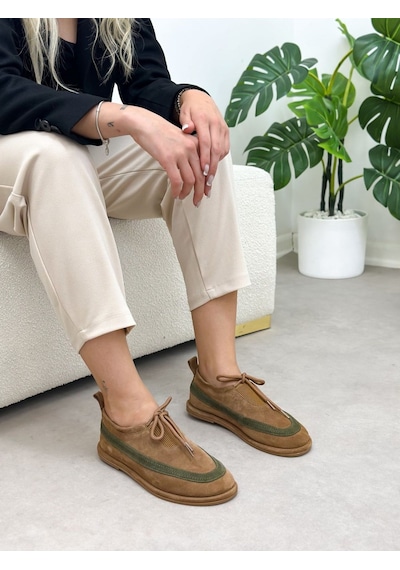 Erva'nın Butiği Taba Hakiki Deri Santa Bağcık Detay Kadın Sneakers-6389