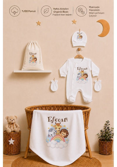 Pia Baby İsim Baskılı Erkek Bebek Hastane Çıkışı Battaniyeli Tulum Takımı %100 Pamuk Kıyafet Kesesi Yeni Doğan Bebek Hediyesi 1044btk3x Ekru
