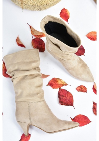 Fox Shoes Ten Süet Kısa Topuklu Büzgülü Kadın Bot L404810602