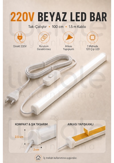 220v Beyaz Led Bar 100 Cm Fişli Anahtarlı Yapışkanlı Tezgah Altı Dolap İçi Aydınlatma