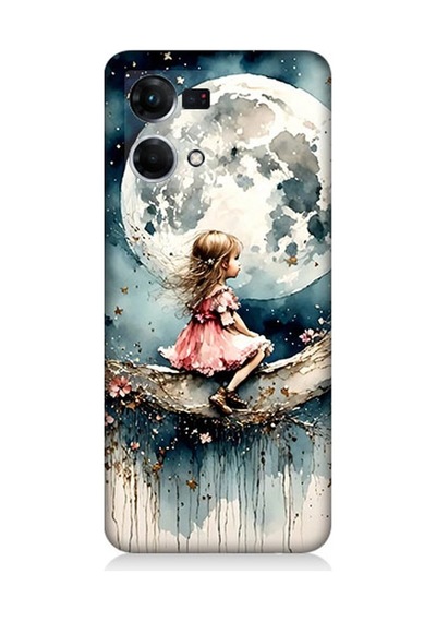 Oppo Reno 7 Uyumlu Ay Üzerinde Hayalci Kız Desenli Silikon Kılıf Çok Renkli
