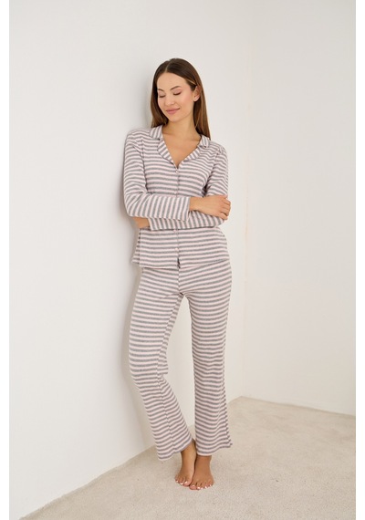 Siyah İnci Fırçalı Soft Fitilli Kaşkorse Hırka Pijama Takım Pembe Gri