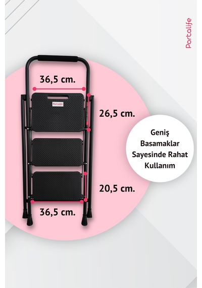 Portalife 3 Basamaklı Uzun Tutacaklı Şık Siyah Çelik Merdiven 3 Basamak