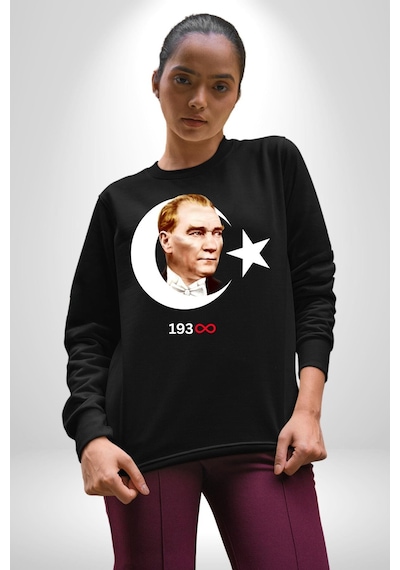 Atatürk Türk Bayrağı Sonsuzluk Unisex Siyah Sweatshirt Siyah