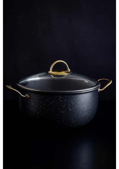 Yunusoğlu Home 30 Cm Derin Granit Tencere 7.5 Litre, Gold Metal Kulplu, Alüminyum Tabanlı, Cam Kapaklı Siyah