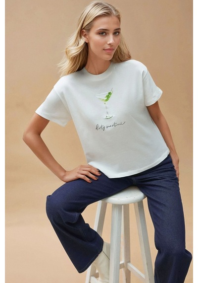 Hiccup Baskı Detaylı Regular Fit Bisiklet Yakalı %100 Pamuklu T-shirt Beyaz