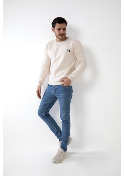 Erkek Bej Renk Kapşonsuz Baskılı Sweatshirt Bej