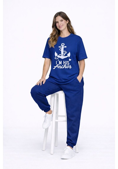 Sevgili Kombini Oversize Çift Tişört Unisex Captain Anchor Baskıl Lacivert