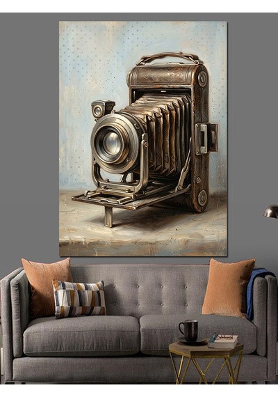 Teknik Çizimli Antik Fotoğraf Makinesi Dekoratif Kanvas - Mdf Ahşap Tablo