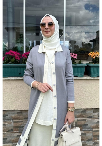 Rabia Şamlı İmge Çizgili Triko Hırka Gri Çok Renkli