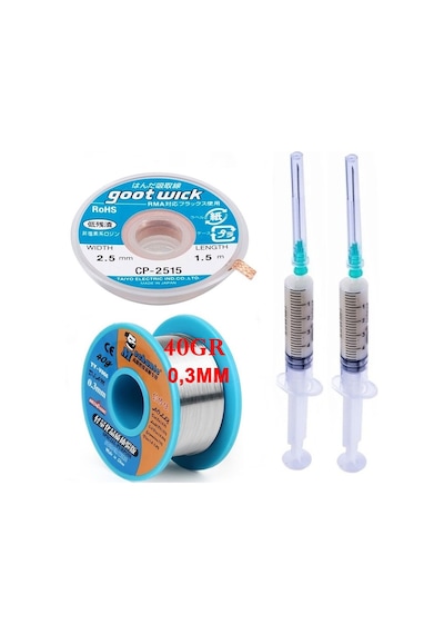 Dörtlü Set Flux,lehim Emme Fitili 2,5mm Ve Mechanic Lehim Teli 40gr 0,3mm X01