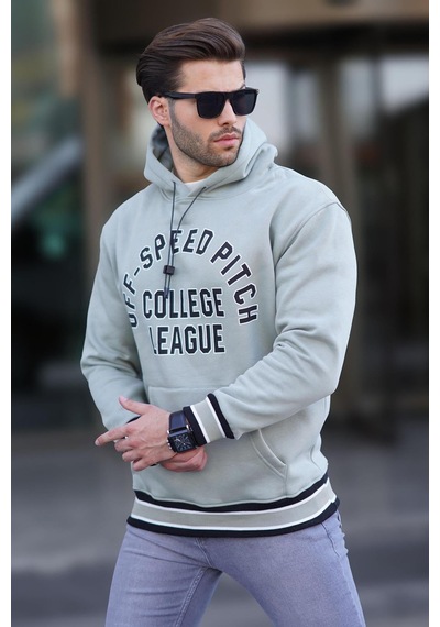 Madmext Çağla Yeşil Kapüşonlu Cep Detaylı Baskılı Erkek Sweatshirt 7068 Yeşil