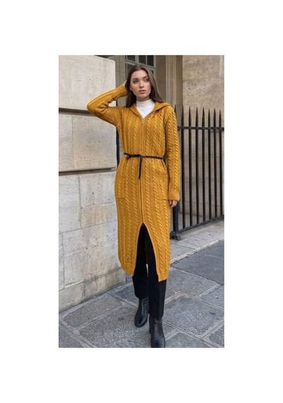 Onno Style Women Saç Örgü Triko Uzun Kadın Hırka sarı