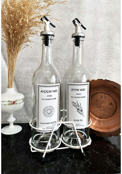 Beyaz Standlı Akıtıcılı Şeffaf 750 Ml Beyaz Etiketli Yağlık Yağdanlık Çok Renkli
