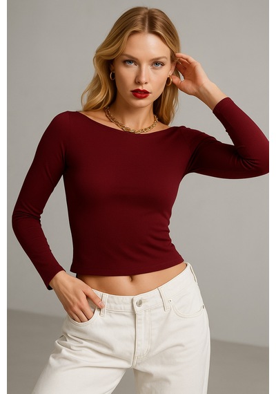 Wild Bee Kadın Bordo Kayık Yaka Uzun Kollu Bluz