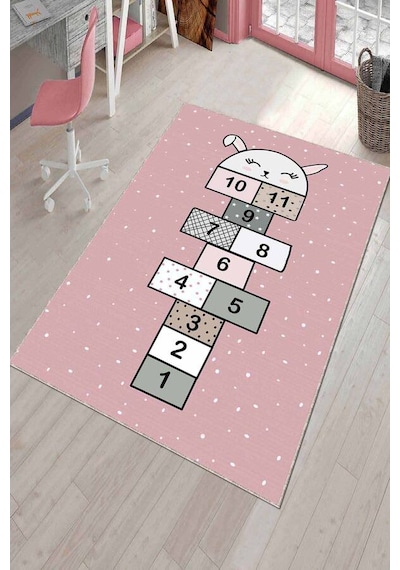 Pembe Kaymaz Tabanlı Seksekli Tavşanlı Çocuk Halısı Ar824n11