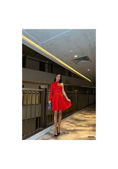 DefyModa Kadın Bisiklet Yaka Kemerli Mini Uzun Kollu Abiye Elbise Mavi