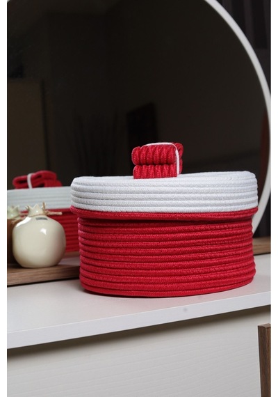 Hasır Jüt Sepet Oval Kapaklı Organizer Düzenleyici 30x20x10 Cm Kırmızı Beyaz Kırmızı Beyaz