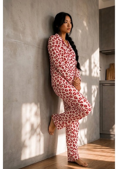 Fit Women Kadın Düğmeli Gömlek Yaka Ev Giyimi Kırmızı Pijama Takımı