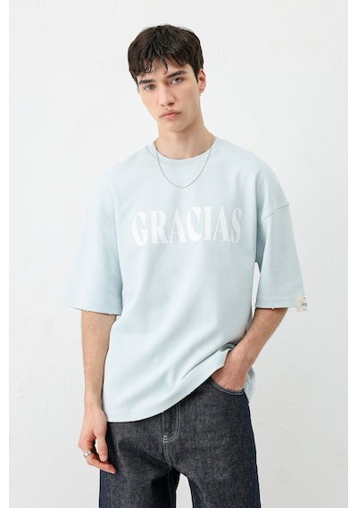 Vamos Oversize Baskılı Tişört V70-143 Bebe Mavi