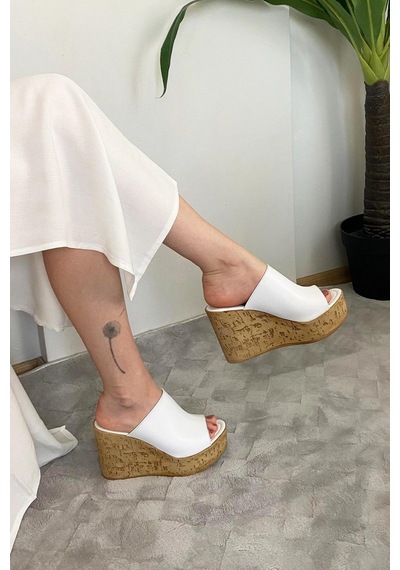 Asmi Shoes Kadın Limo Beyaz Dolgulu Mantar Taban Terlik 10 Cm Beyaz Beyaz