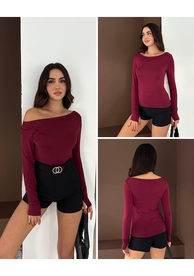 Elaxi Kadın Kayık Yaka Parmak Geçmeli Uzun Kollu Full Likralı Pamuk Viskon Buzzy Body Tişort Bordo Elaxi Kadın Kayık Yaka Parmak Geçmeli Uzun Kollu Full Likralı Pamuk Viskon Buzzy Body Tişort Bordo