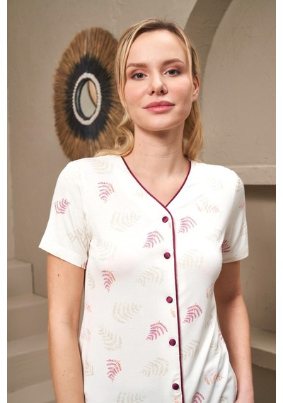 Pjs 25144 Kadın V Yaka Düğmeli Baskılı Kısa Kollu Pijama Takım 001