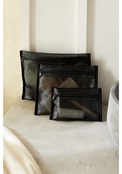 Ocean Home Textile 3'lü Su Geçirmez Pvc Astarlı Siyah Renk File Islak Kuru Çantası 20 X 13 / 24 X 20 / 30 X 24 Cm