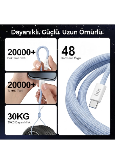 Bix T4cc 65w Usb-c To Usb-c Manyetik Tasarımlı Örgülü Hızlı Şarj Ve Data Kablosu 1 Metre Mor