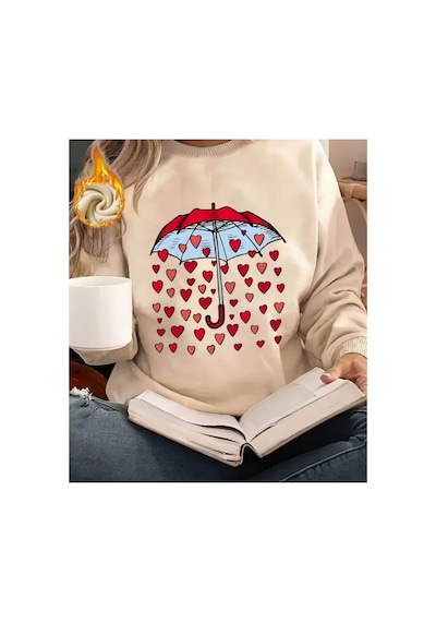Herkesemoda Kalpler Baskı Detaylı Bisiklet Yaka Sweatshirt Bej