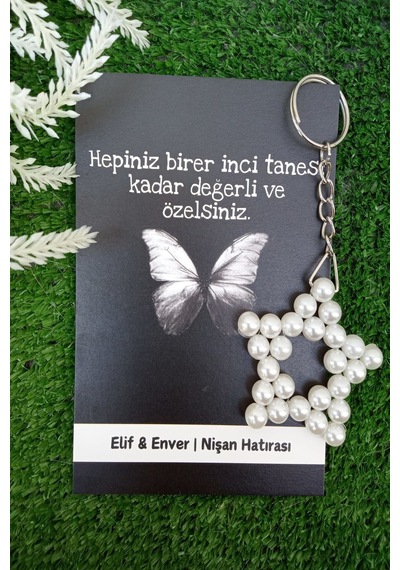 15 Adet Siyah Kelebek Kartlı İnci Anahtarlık - Nikah Hediyesi -