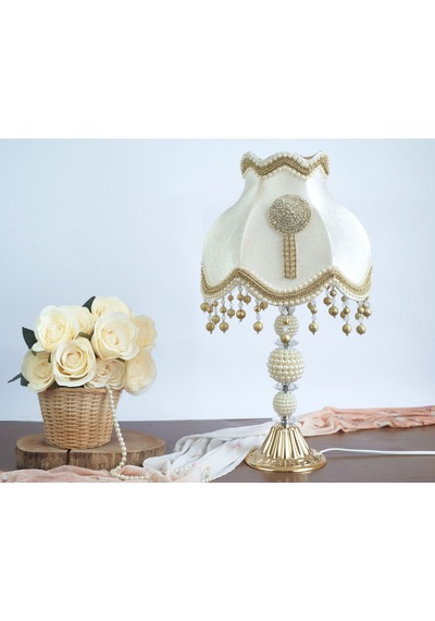 Vintage Ekru Kadife Kumaş Gold Ayak Swarovski Süsleme Broş Abajur Ab0001 50x30cm Ekru