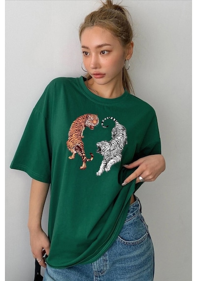 Unisex Tiger Baskılı T-shirt Yeşil