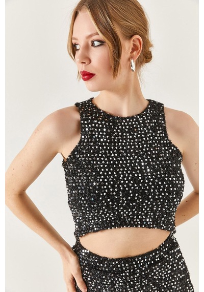 Armonika Kadın Halter Yaka Pul Payet Crop Bluz Siyah
