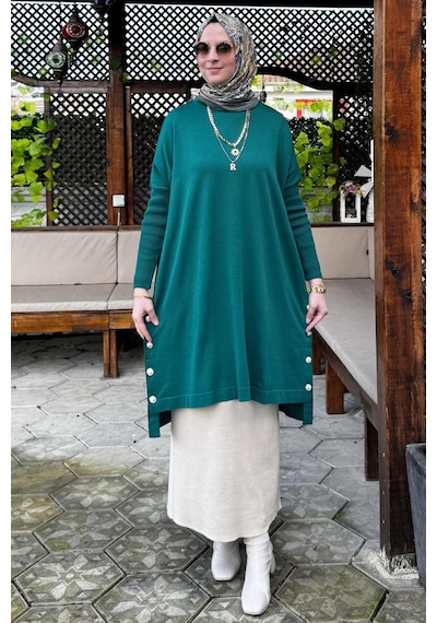 Rabia Şamlı Sevda Triko Tunik Zümrüt Çok Renkli