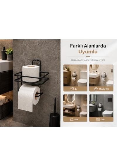 Yapışkanlı Raflı Tuvalet Kağıtlığı - Mat Siyah Metal Paslanmaya Dayanıklı Deliksiz Banyo Düzenleyici Raf Ve Diğer