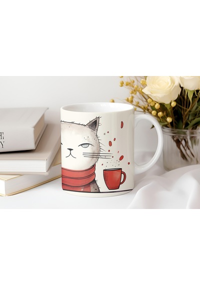 Kedi Figürlü Kupa Bardak - Sevimli Hayvan Severlere Hediye Fikir - 11 Oz Beyaz